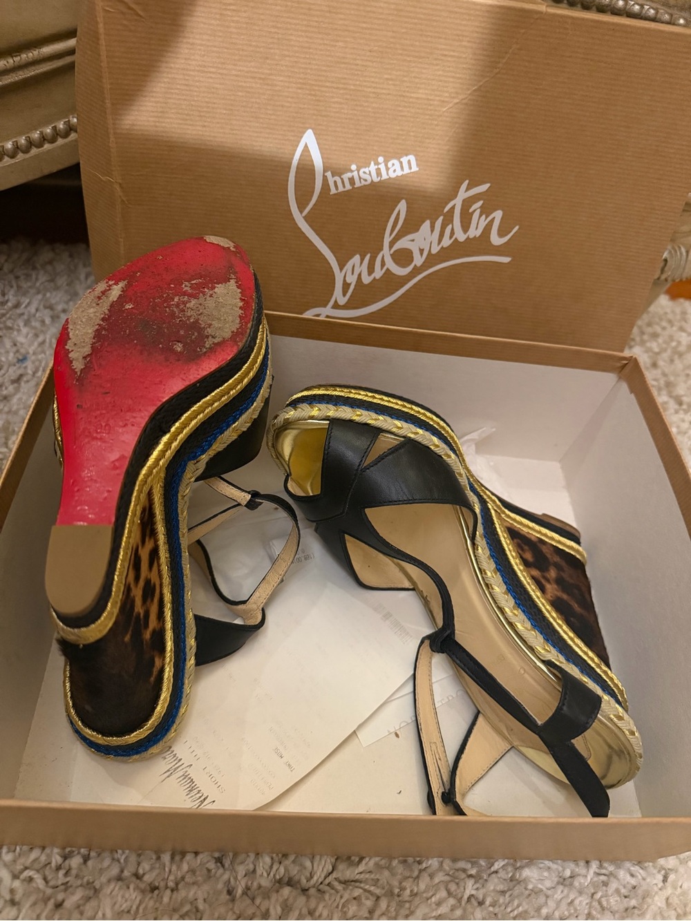 Christian Louboutin Leopard Print and Blue Trim Wedge Sandals with Red Soles - Picture 6 of 6